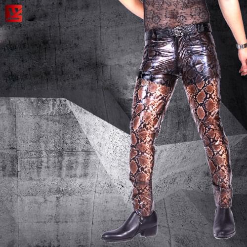 MEISE PU Sexy Men Pencil Pants Snake Stripe Tight Trousers Patchwork Faux Leather Thin Homme Stage Wear Pencil Pants Plus Size