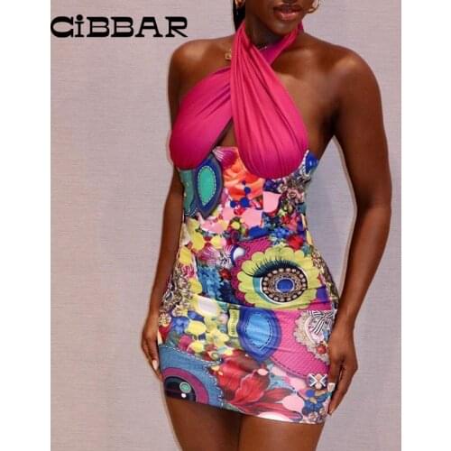 CIBBAR Aesthetic Print Patchwork Halter Mini Dress Women Sexy Backless Criss Cross Bodycon Dresses Sleeveless Lace Up Clubwear