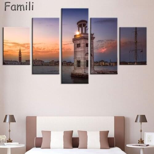 5Panel Living room bedroom home wall decoration fabric poster cefalu italy sicily sea landscape mountain rock church houses