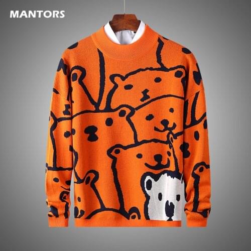 Cartoon O-neck Cotton Sweaters Men Long Sleeve Autumn Winter Knitted Slim Sweaters Fashion Mens Pullovers Casual Cute Wool Coat