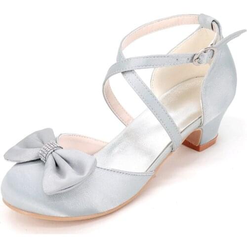 Cross strap girls satin low square heel flower girl wedding dress shoes rounded toe prom quinceanera rhinestones bow heels pumps