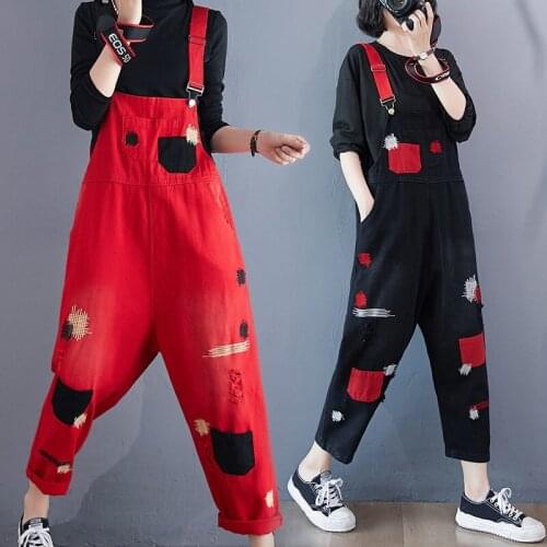 Retro Embroidery Streetwear New Look Thin Korean Printed Denim Overalls Women Loose Jeans Casual Nine-point Jumpsuit Bib Pants