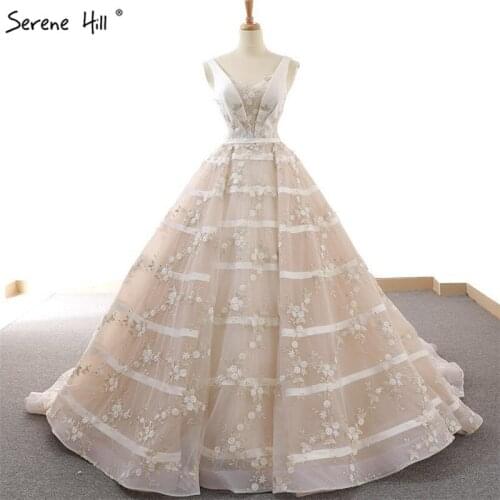 Serene Hill 2019 High-end Custom Deep-V Sexy Wedding Dress New Sleeveless Appliques Flowers Romantic Bridal Gown C66608