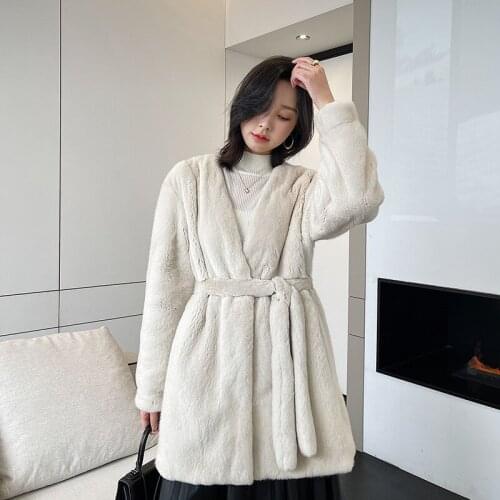 Fangtai 2021 winter new purple velvet mink fur coat medium length V-neck mink fur coat womens whole mink