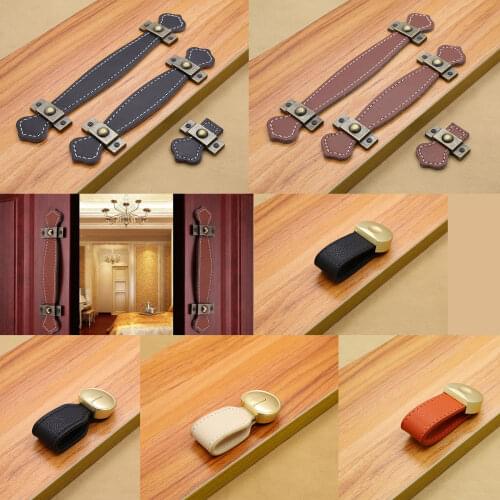 1pc Leather Handle Simple Pull Single/Double Holes Belt Knob w/screw Strip Furniture Luggage Drawer Black/Brown 44/160/193mm
