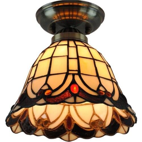 8 Inch Retro Tiffany Stained Glass Flush Mount Lamps Vintage Metal Base Balcony Hallway Restaurant Shell Ceiling Lights CL224