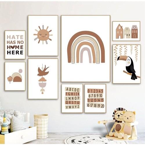 Abstract Mountain House Poster Sun Rainbow Nursery Art Canvas Painting Toucan Alphabet Print Nordic Wall Picture Kids Room Decor