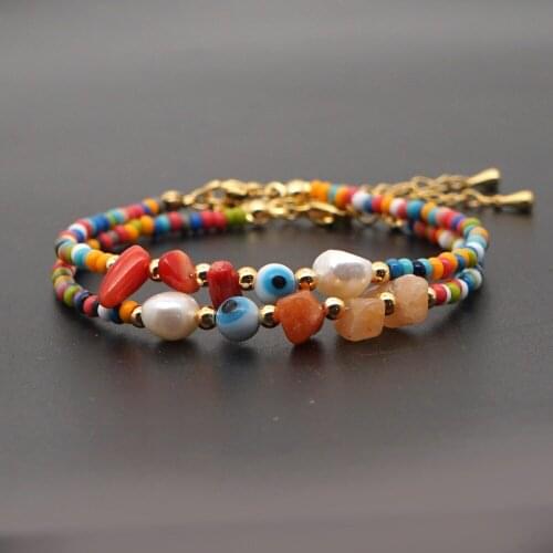 Bohemian Accessories Rainbow Evil Eye Anklet Water Pearl Acrylic Stainless Steel Bead Chain Women Jewelry Summer Beach Holiday