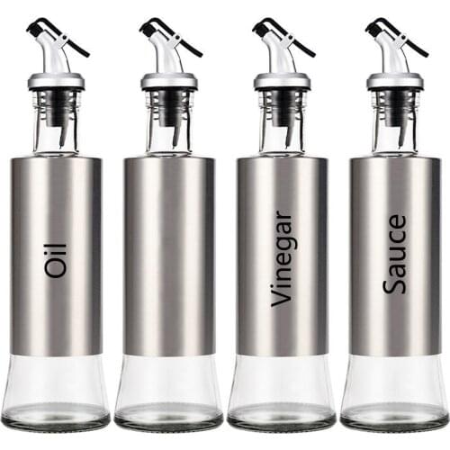 Stainless Steel Seasoning Bottle Glass Oil Pot Olive Oil Cruet Bottle Vinegar Dispenser Glass No-drip Double Wall Cooking Tools