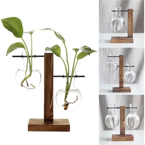 HHS Nordic style Terrarium Hydroponic Plant Vases Vintage Flower Pot Transparent Wooden Frame Glass Tabletop Home Bonsai Decor