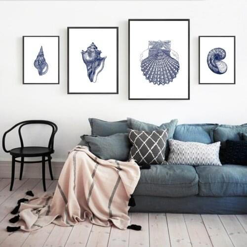 Hampton Style Wall Art Prints Posters Coastal Sea Shell Canvas Painting Picture Vintage Illustration Navy Indigo Blue Decoration