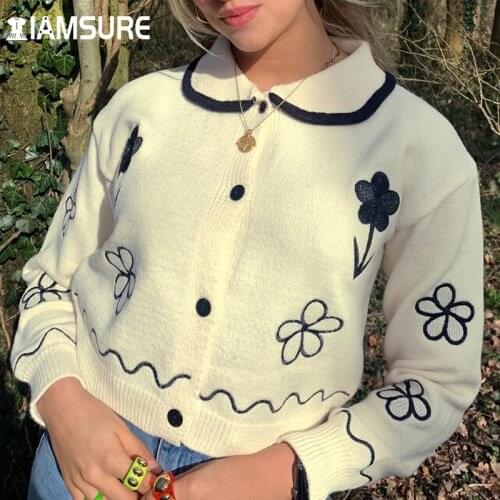 IAMSURE Floral Embroidery Knitted Cardigans Women 2021 Autumn Winter Streetwear Sweet Cute Long Sleeve Turn-Down Collar Sweater