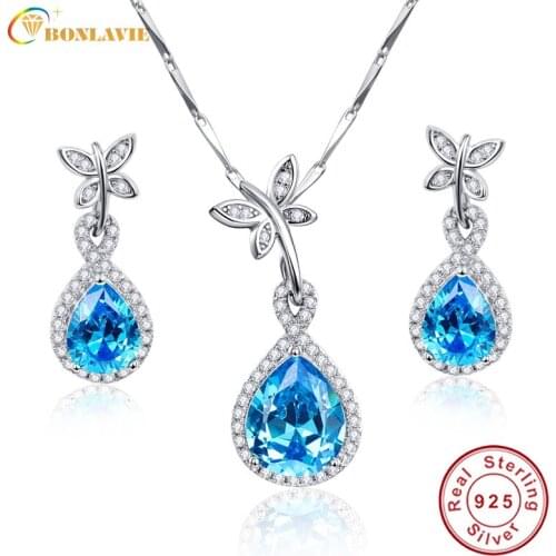 BONLAVIE Blue Topaz Earring Necklace Set for Wedding Elegant Jewelry Set 925 Sterling Silver Chain Quality Promise Love Gift