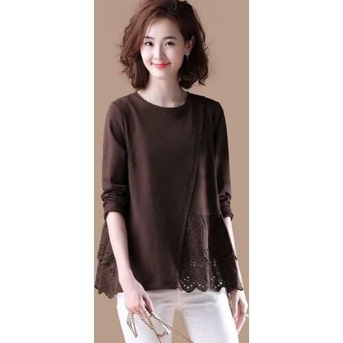 Lace Stitch Vintage Blouse Long Sleeve Tunics Women Solid Color Basic Tee Shirt Loose Casual Ladies Tops O Neck