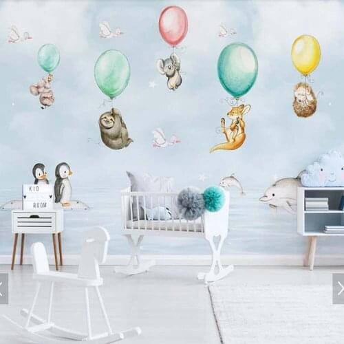 Sea Carton Animal Balloon Children Wall Papers Home Decor Kids Room Hand Painting Printed Wallpaper Mural Living Room Murals