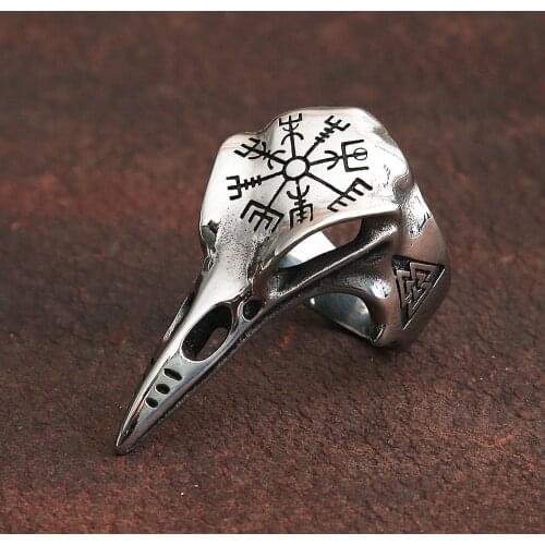 Vintage Odin Crow Skull Mens Ring Gothic Stainless Steel Compass Rings For Men Viking Accessories Valknut Ring Amulet Pattern