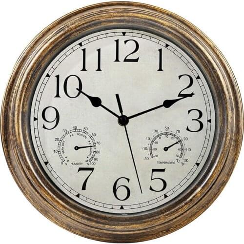 12inch Wall Clock,Retro Waterproof Clock with Displays Thermometer&Hygrometer,Noise-Free Clock for Indoor/Outdoor