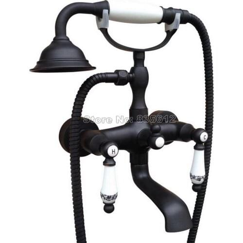 Wall Mounted Bathroom Handheld Shower Bath Tub Faucet + Dual Ceramic Handles Classic Black Oil Rubbed Bronze Faucet Wtf601