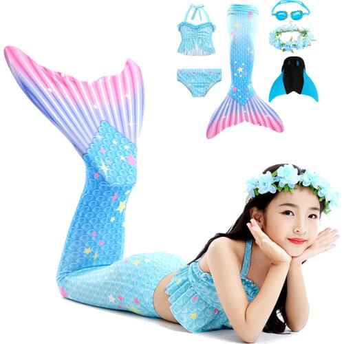 Girls Mermaid Dresses 2021 Mermaid Tail with Monofin Flipper Mermaid Costume Cosplay Mermaid Bikini Set Swimsuit Girls Dress