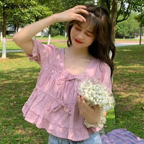 Shirts Women Lovely Short Ins New Ladies Casual Daily Female Clothes Pink Fashion Trendy Bow Square Collar Solid Ulzzang French