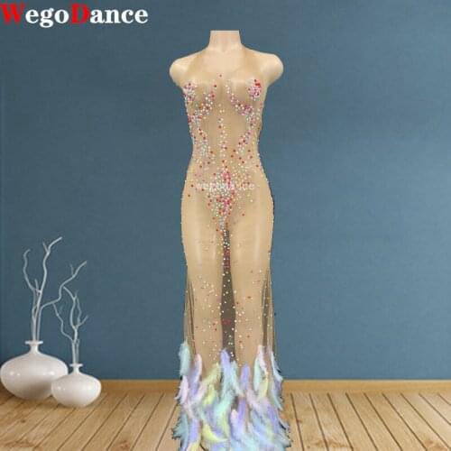 Sexy Multicolor Beading Mesh Mermaid Women Perspective Evening Party long Feathers Dress