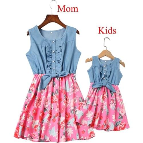 Family Matching denim Flower Clothes 2021 Mother Daughter Dresses Short Sleeve Girl Sister Mother Kids Matching Family Clothes