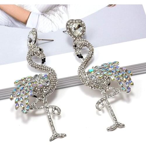 New Crystal Flamingo Drop Earrings Women Animal Statement Earrings Girls Trendy Party Wedding Bride Luxury Jewelry