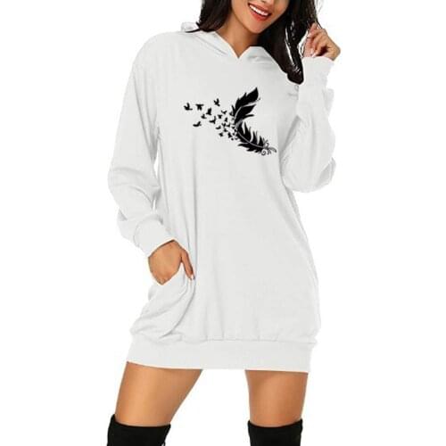 Winter Clothing Women Fashion Feather Printed Hoodies Casual O-Neck Long Sleeve Pockets Dress 100%Cotton Oversized Hoodie Top