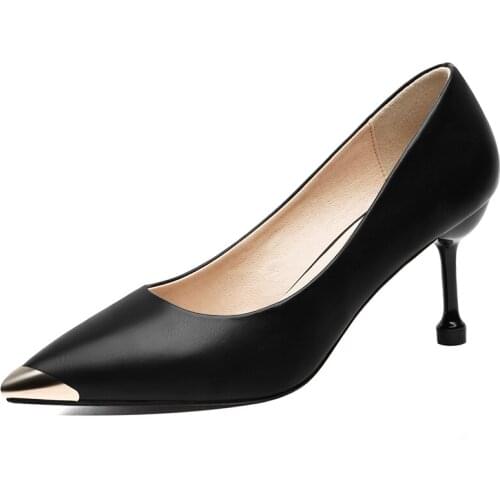 Women Pumps Elegant Pointed Toe Thin High Heel Ladies Office Genuine Leather Woman Casual Office Shoes Female Black Beige M0273