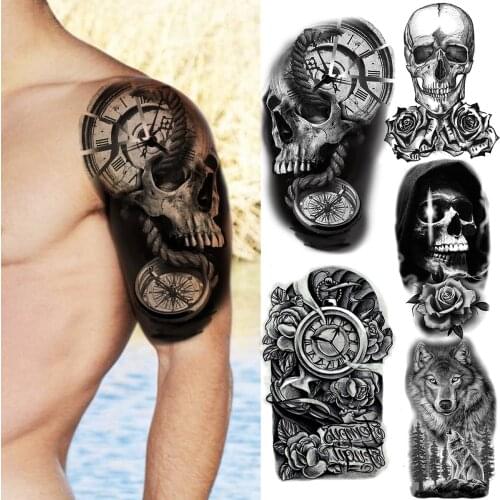Black Skull Temporary Tattoos For Men Adult Wolf Rose Flower Fake Tattoo Scary Halloween Skeleton Half Sleeve Tatoos Sticker
