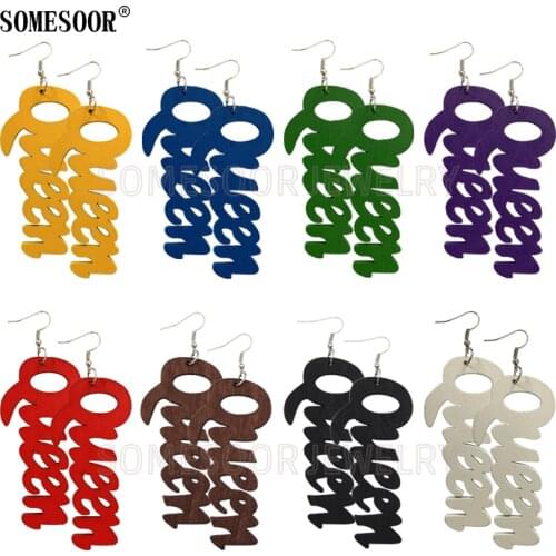 SOMESOOR Jewelry Hot Sale 9 Colors Laser Cutting QUEEN Word Shape High Quality Wooden Drop Pendants Cute Earrings For Women