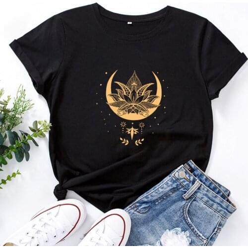 Lotus Graphic Print T-shirt Women O-neck Casual Funny Cotton T Shirt Women Fashion Harajuku Short Sleeve Women Tshirt