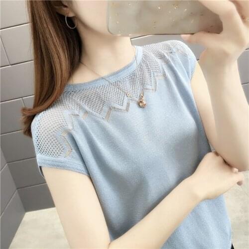 Ice silk short-sleeved t-shirt womens hollow loose knit sweater women 2021 spring summer new trendy tops compassionate women