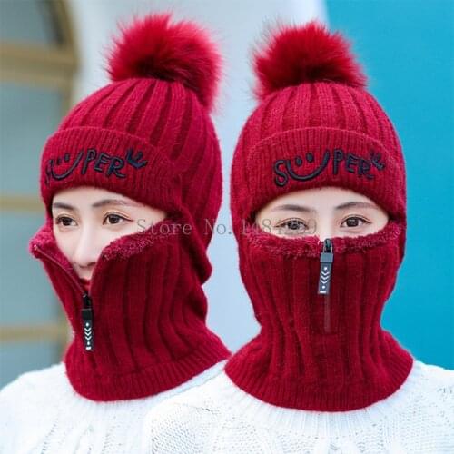 Winter Hats Set Women Knitted Wool Hat Mask Lady Warm Velvet Thick Cycling Beanies Skullies Hat Female Collar Jumper Caps