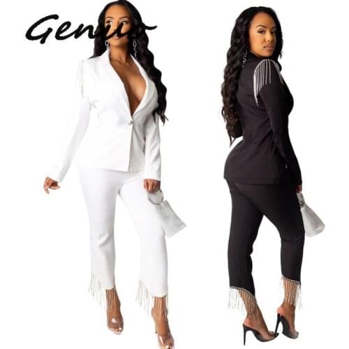 Genuo New Solid White Outwear Top Outwrar+Long Pants Casual Fashion Sleeveless Long Pants 2019 Office Work Women 2 Pieces Sets