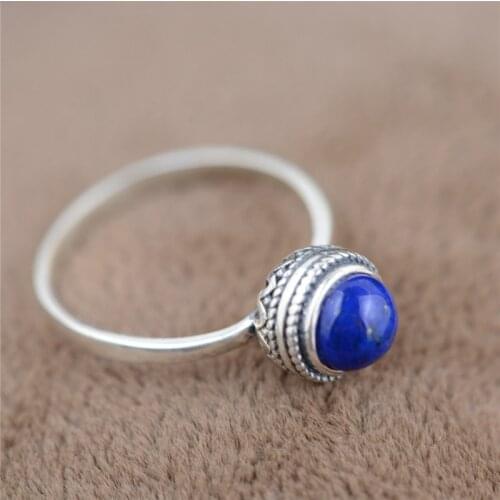 BESTLYBUY 100% Genuine 925 Sterling Silver Lapis Lazuli Rings for Women Lady Gift Retro Elegant Ring Sterling Silver Jewelry