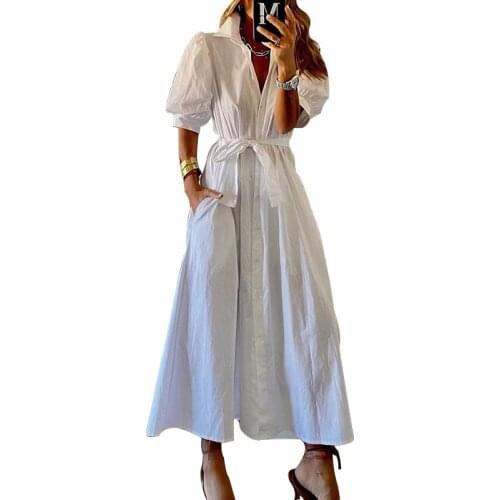 Summer Short Sleeve Long White Shirt Dress Women Pocket Single Breasted Shirt Black Dress Casual Loose Modest Ladies Wear