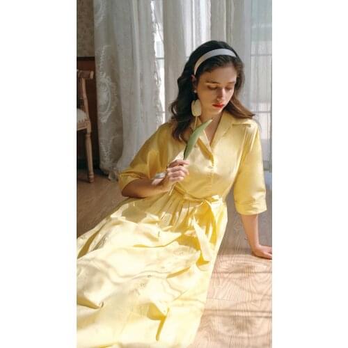 Movie BLOOKLYN Vintage Womens Half Sleeve Light Yellow Long Dress Summer Cotton Comfortable Dress Cosplay