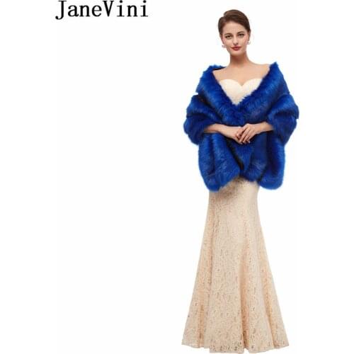 JaneVini Royal Blue Women Fur Wedding Bolero Winter Bride Evening Party Dress Shawl Faux Fur Warp Capes stola etole mariage 2020