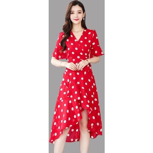 2019 Summer Vintage Dot Dress women fashion Chiffon Flare sleeve Dress Women Red temperament V-Neck Ruffles Long dress