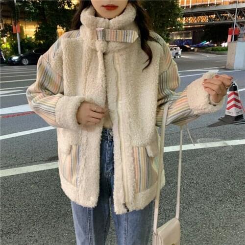 HSTAR 2020 Winter Thicken Warm Teddy Fur Jacket Coat Women Casual Fashion Lamb Faux Fur Overcoat Patchwork Striped Outerwear