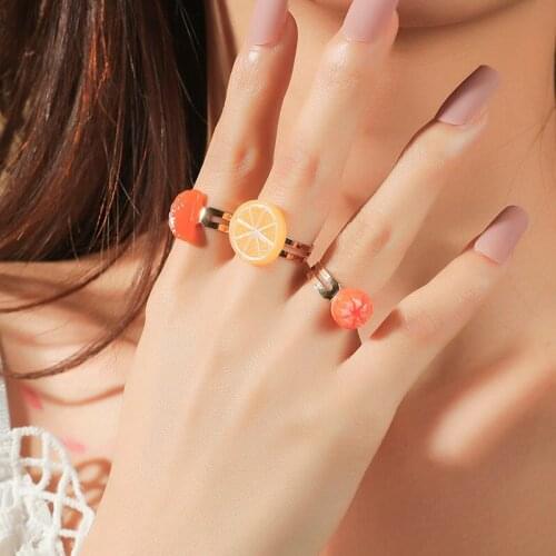 3 Pcs/Set Cute Fruit Orange Lemon Plastic Resin Rings For Women Girls Gifts Gold Color Metal Adjustable Opening Ring Jewelry