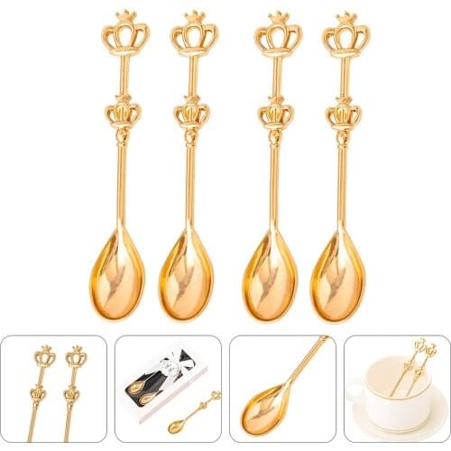 4pcs Delicate Crown Spoons Creative Drinking Cake Dessert Crown Spoons Crown Drinking Spoons(Golden)