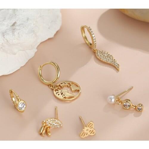 6pcs/set Gold Small Hoop Earrings for Women Pearl Bee Stud Earrings Wing Dangle Earrings Fashion Party Birthday Jewelry Gift