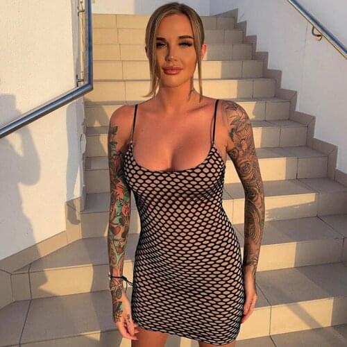 BKLD Women Dress 2020 Summer New Sleeveless Spaghetti Strap Dress Fishnet Women Club Wear Sexy Bodycon Mini Dress Black White