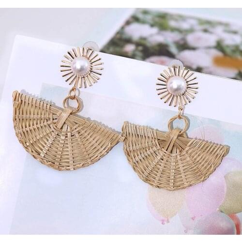 Bohemian Handmade Semicircle Vine Rattan Knit Drop Earrings For Women 2019 Fashion Gold Metal Sun Pearl Dangle Earring Jewelry