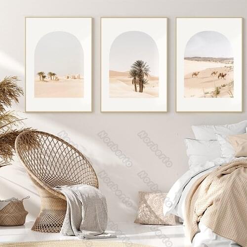 Desert Prints Canvas Painting Wall Poster Semi-Arc Window Showing Moroccan Desert Plants and Camels for Living Rooms Wall Decora