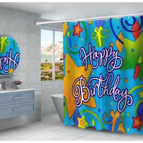 Blue Happy Birthday Pringting Shower Curtain Set with 12 Hooks Bathroom Decoration
