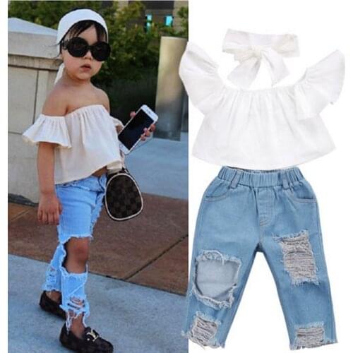 Children girls clothes set for summer top white tank shirt +bow headband+ hole hollow out distressed blue denim jeans pant