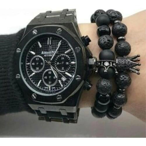 MKENDN 2pcs/set Men Woman Bead Bracelet Crown Charm Bangle Natural Beads Buddha Bracelet for Women and Mens Pulseras Masculina